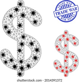 Mesh polygonal dollar currency icons illustration in infection style, and rubber blue round Trade War badge. Carcass model is created from dollar currency icon with black and red virus centers.