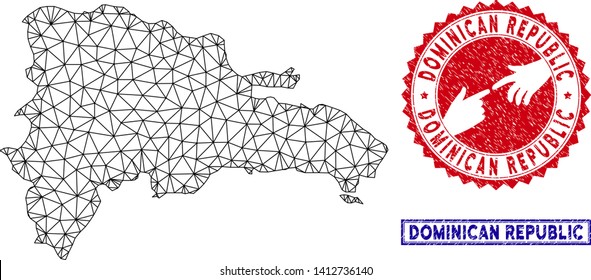 Mesh polygonal Dominican Republic map and grunge seal stamps. Abstract lines and points form Dominican Republic map vector model. Round red stamp with connecting hands.