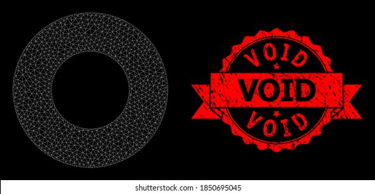 Mesh polygonal donut on a black background, and Void scratched ribbon stamp seal. Red stamp seal has Void title inside ribbon. Vector constellation created from donut icon with triangular net.