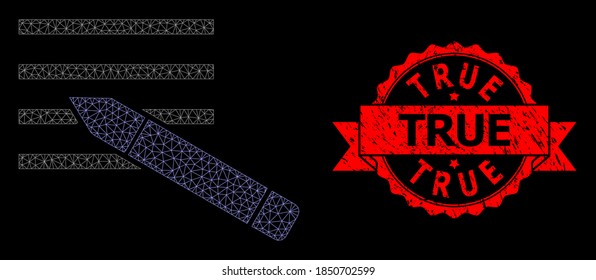 Texto de edición poligonal de malla en un fondo negro y sello de cinta de grifo verdadero. El sello rojo contiene el título True dentro de la cinta. Modelo vectorial creado a partir del icono de edición de texto con malla.