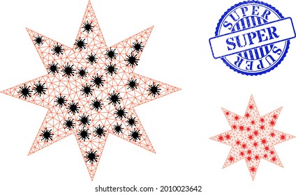 Mesh polygonal eight pointed star symbols illustration in outbreak style, and scratched blue round Super stamp.