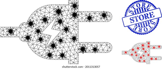 Mesh polygonal electric plug icons illustration in infection style, and textured blue round Store badge. Abstraction is created from electric plug icon with black and red virus nodes.