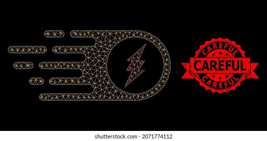 Mesh polygonal electric spark on a black background, and Careful textured ribbon stamp seal. Red stamp seal contains Careful caption inside ribbon.