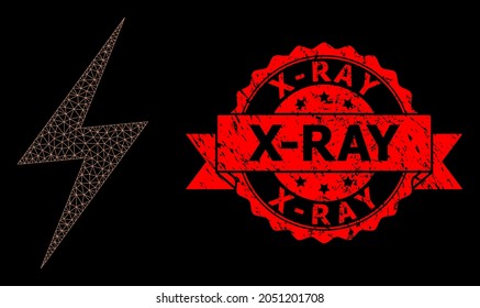 Mesh polygonal electric strike on a black background, and X-Ray dirty ribbon seal. Red stamp contains X-Ray title inside ribbon. Vector constellation created from electric strike icon with mesh.