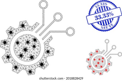 Mesh Polygonal elektronische Zahnradsymbole, die im Ausbruchstil entworfen wurden, und grunge blaue rund 33,33 Prozent Stempel.