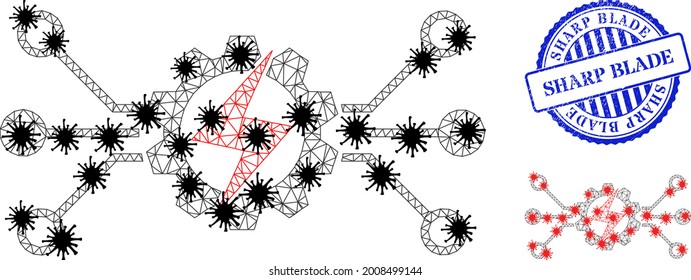 Mesh Polygonal Energy Hitech Icons Illustration Designed Using Lockdown Style, And Distress Blue Round Sharp Blade Badge. Model Is Based On Energy Hitech Icon With Black And Red Covid Elements.