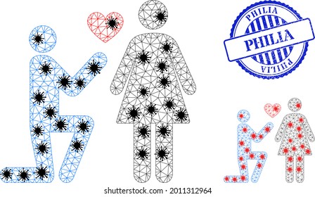 Mesh polygonal engagement persons icons illustration in lockdown style, and textured blue round Philia badge. Carcass model is created from engagement persons icon with black and red virus centers.