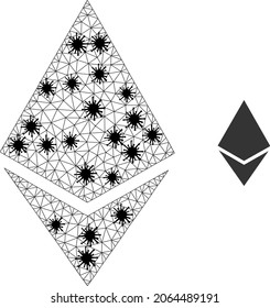 Ilustración del icono del cristal de eéreo poligonal de malla en estilo de brote. El modelo de canal se crea a partir de ícono de cristal etéreo con centros de infección negros.
