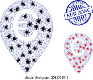 Mesh polygonal euro map marker icons illustration with infection style, and grunge blue round EUR Zone stamp seal. Carcass model is based on euro map marker icon with black and red infectious items.