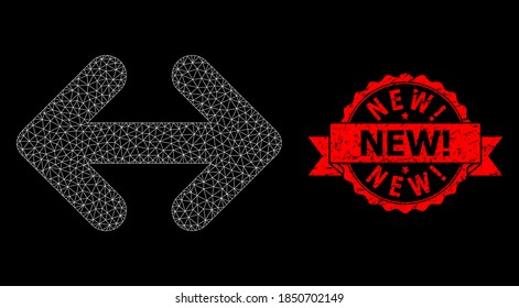 Mesh polygonal exchange arrows horizontally on a black background, and New! rubber ribbon stamp seal. Red stamp contains New! tag inside ribbon.