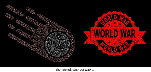 Mesh polygonal falling meteorite on a black background, and World War dirty ribbon stamp seal. Red stamp seal includes World War caption inside ribbon.