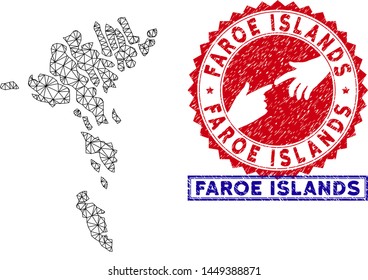 Mesh polygonal Faroe Islands map and grunge seal stamps. Abstract lines and points form Faroe Islands map vector model. Round red stamp with connecting hands.