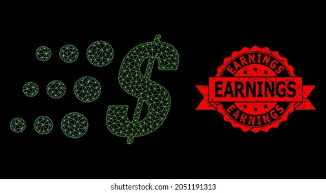 Mesh polygonal fast dollar on a black background, and Earnings dirty ribbon seal imitation. Red stamp seal has Earnings caption inside ribbon.