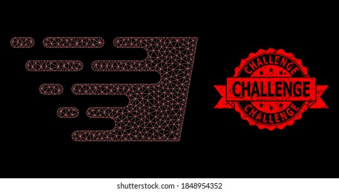 Mesh polygonal fast effect on a black background, and Challenge rubber ribbon seal print. Red stamp seal has Challenge title inside ribbon. Vector model created from fast effect icon with mesh.