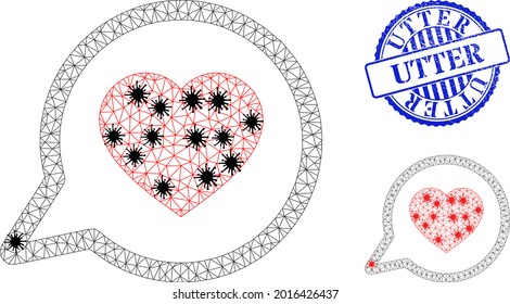 Mesh polygonal favorite message icons illustration in infection style, and grunge blue round Utter stamp. Abstraction is created from favorite message icon with black and red infection items.