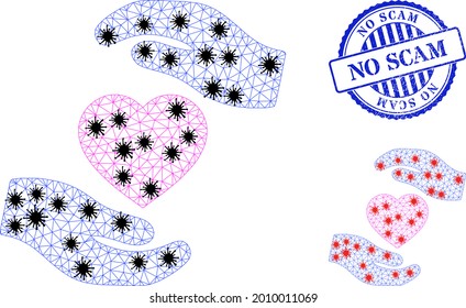 Mesh polygonal favourite heart care hands symbols illustration designed using lockdown style, and rubber blue round No Scam seal.