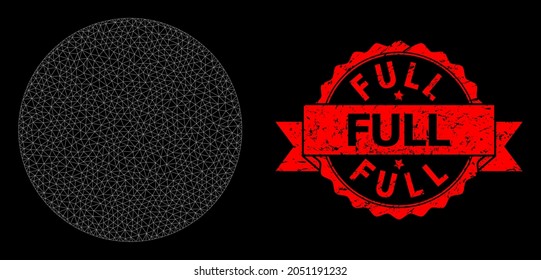 Círculo poligonal de malla sobre un fondo negro y sello completo de cinta impura. El sello rojo tiene la leyenda completa dentro de la cinta. Modelo vectorial creado a partir del icono de círculo relleno con red triangular.