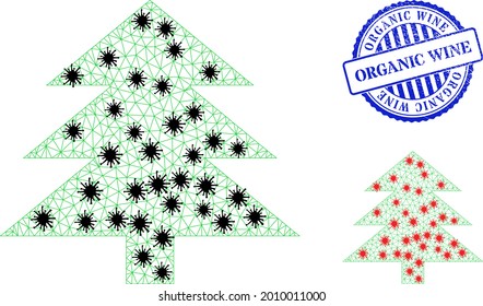 Mesh polygonal fir tree icons illustration in lockdown style, and rubber blue round Organic Wine stamp seal. Carcass model is created from fir tree icon with black and red virus items.