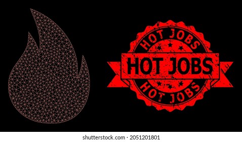 Mesh Polygonal Fire On A Black Background, And Hot Jobs Scratched Ribbon Seal. Red Seal Includes Hot Jobs Caption Inside Ribbon. Vector Model Created From Fire Icon With Mesh.