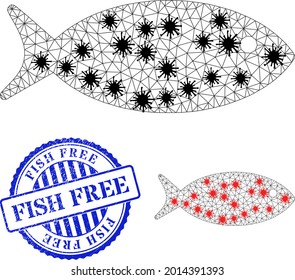 Mesh polygonal fish icons illustration in infection style, and distress blue round Fish Free stamp seal. Abstraction is created from fish icon with black and red infection elements.