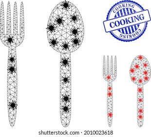Mesh polygonal food utensil icons illustration in infection style, and distress blue round Cooking stamp. Carcass model is based on food utensil icon with black and red infectious nodes.