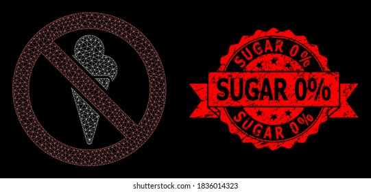 Mesh polygonal forbidden ice-cream on a black background, and Sugar 0% dirty ribbon stamp seal. Red stamp seal has Sugar 0% caption inside ribbon.