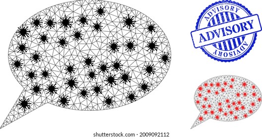 Mesh polygonal forum message icons illustration with lockdown style, and distress blue round Advisory badge. Carcass model is based on forum message icon with black and red infection nodes.