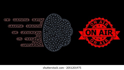 Mesh polygonal gas cloud on a black background, and On Air unclean ribbon stamp seal. Red seal contains On Air title inside ribbon. Vector model created from gas cloud icon with mesh.