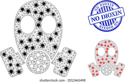 Mesh polygonal gas mask symbols illustration in outbreak style, and distress blue round No Dioxin badge. Carcass model is based on gas mask icon with black and red infectious items.