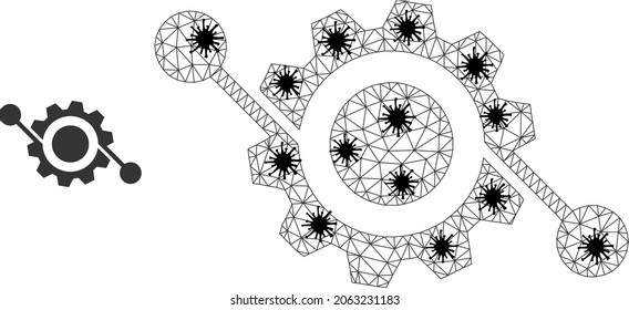 Mesh polygonal gear contacts icon illustration with lockdown style. Carcass model is based on gear contacts icon with black virus nodes.