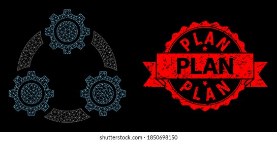 Mesh polygonal gear planetary transmission on a black background, and Plan grunge ribbon seal. Red stamp seal contains Plan tag inside ribbon.