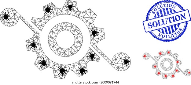 Mesh polygonal gear solution symbols illustration in outbreak style, and rubber blue round Solution stamp seal. Model is based on gear solution icon with black and red virus centers.