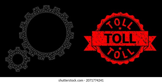 Mesh polygonal gear transmission on a black background, and Toll grunge ribbon stamp. Red stamp includes Toll tag inside ribbon. Vector constellation created from gear transmission icon with mesh.