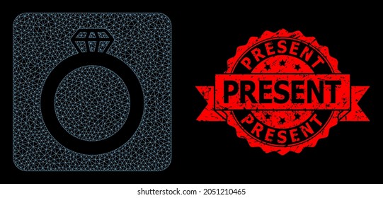 Anillo poligonal de malla sobre un fondo negro y sello de cinta rasgada presente. El sello rojo tiene la etiqueta Present dentro de la cinta. Modelo vectorial creado a partir del icono del anillo de goma con red triangular.