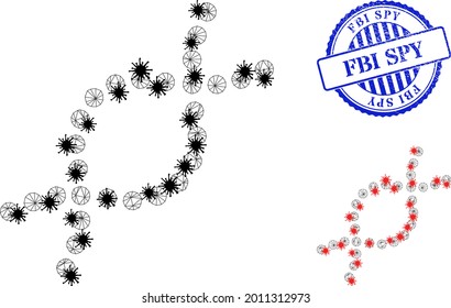 Mesh polygonal genetic spiral symbols illustration in lockdown style, and scratched blue round FBI Spy stamp seal. Model is based on genetic spiral icon with black and red infection nodes.