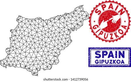 Mesh polygonal Gipuzkoa Province map and grunge seal stamps. Abstract lines and points form Gipuzkoa Province map vector model. Round red stamp with connecting hands.