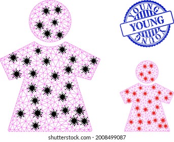 Mesh polygonal girl symbols illustration with lockdown style, and distress blue round Young stamp. Model is created from girl icon with black and red virus elements.