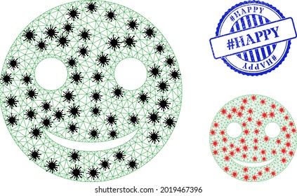 Mesh polygonal glad smiley symbols illustration in infection style, and distress blue round hashtag Happy badge. Carcass model is based on glad smiley icon with black and red infectious centers.
