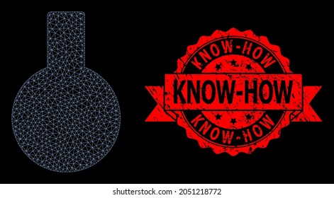 Mesh polygonal glass flask on a black background, and Know-How unclean ribbon stamp. Red stamp seal includes Know-How text inside ribbon. Vector constellation created from glass flask icon with mesh.