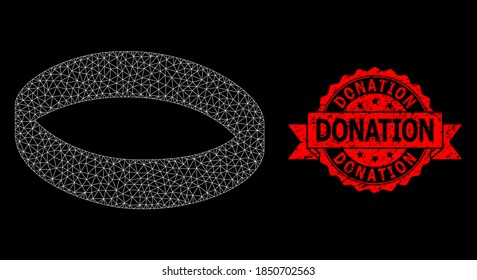Mesh polygonal gold ring on a black background, and Donation rubber ribbon seal print. Red stamp seal contains Donation caption inside ribbon.