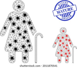 Mesh Polygonal Grandmother Symbols Illustration In Lockdown Style, And Grunge Blue Round Mature Seal. Model Is Created From Grandmother Icon With Black And Red Covid Items.