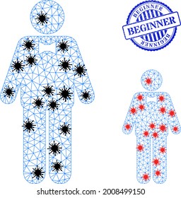 Mesh polygonal groom symbols illustration in outbreak style, and scratched blue round Beginner stamp seal. Model is created from groom icon with black and red virus centers.