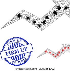 Mesh polygonal growing arrow chart icons illustration designed using infection style, and distress blue round Firm Up stamp seal.