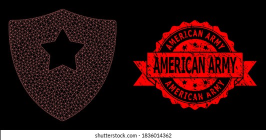 Mesh polygonal guard shield on a black background, and American Army corroded ribbon stamp seal. Red stamp contains American Army title inside ribbon.