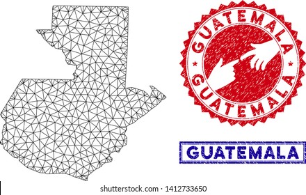 Mesh polygonal Guatemala map and grunge seal stamps. Abstract lines and dots form Guatemala map vector model. Round red stamp with connecting hands.