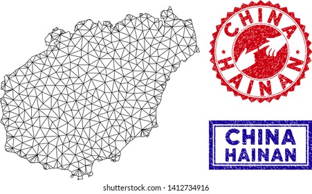 Mesh polygonal Hainan Island map and grunge seal stamps. Abstract lines and small circles form Hainan Island map vector model. Round red stamp with connecting hands.