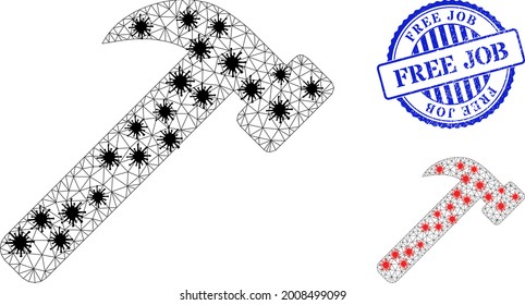 Mesh polygonal hammer tool icons illustration with lockdown style, and scratched blue round Free Job seal. Model is created from hammer tool icon with black and red virus items.