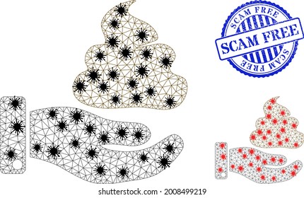 La mano poligonal de malla da a los símbolos de mierda la ilustración diseñada usando el estilo de brote, y el sello Scam Free de color azul grueso.
