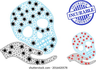 Mesh polygonal hand holds skull icons illustration in lockdown style, and grunge blue round Incurable seal. Carcass model is created from hand holds skull icon with black and red Covid items.
