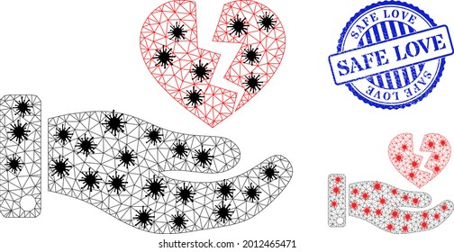 Mesh polygonal hand offer broken heart symbols illustration with infection style, and rubber blue round Safe Love stamp seal.